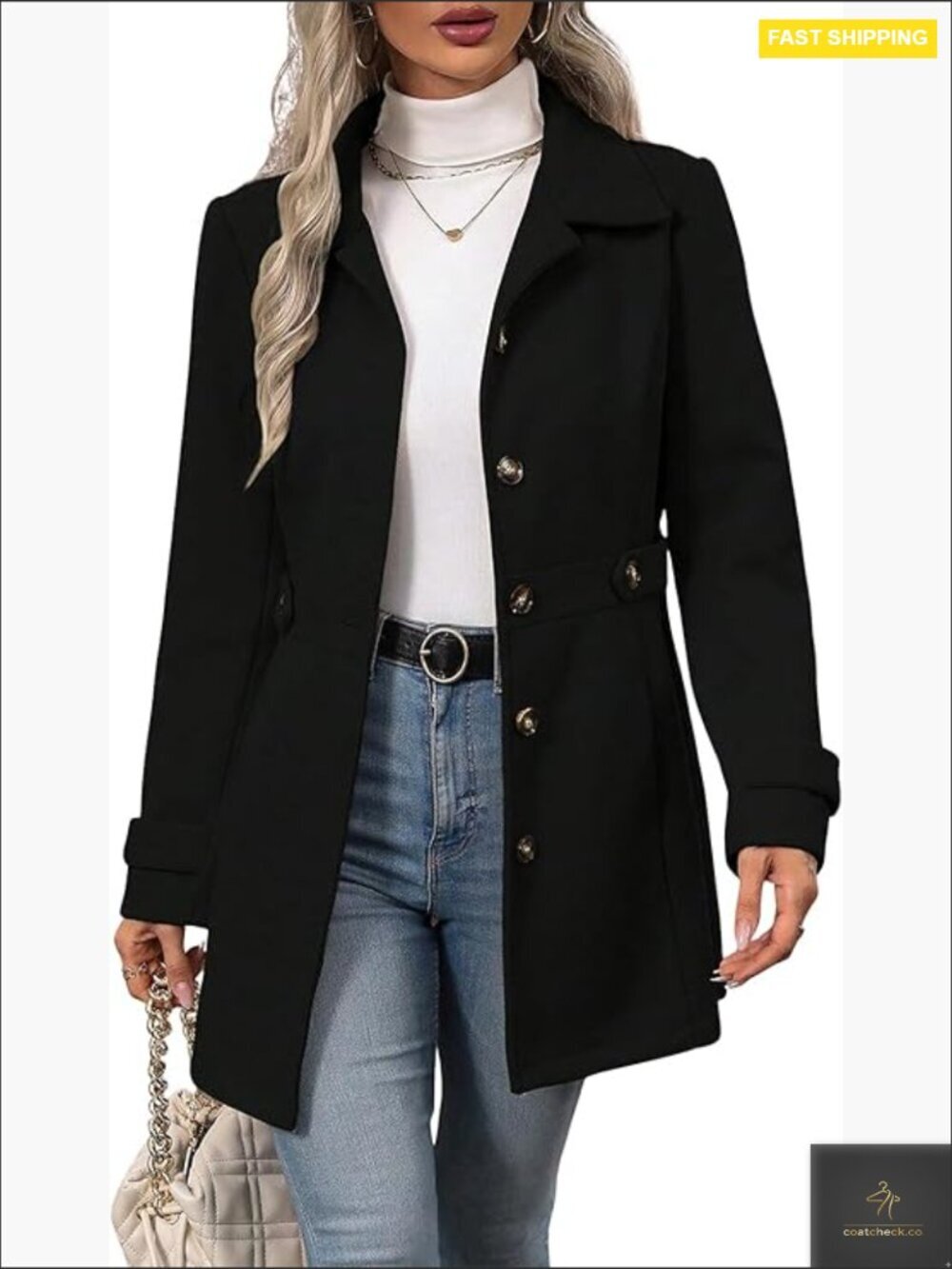 Wool Blend Pea Coat Classic Notched Lapel Slim Fit Elegant Winter Trench